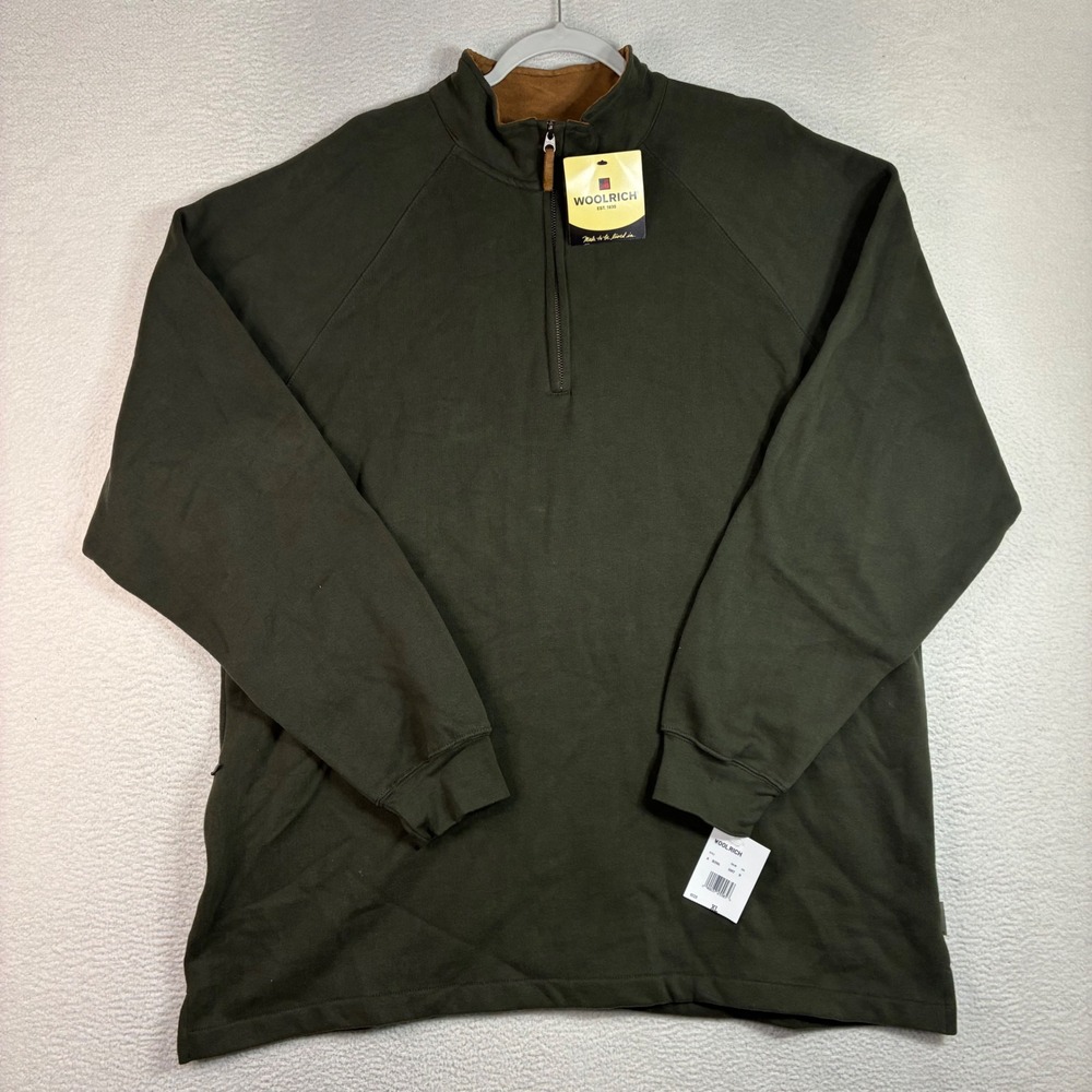 Woolrich Quarter Zip Pullover‎ Men XL Green Meridian Cotton Fleece Sweater NWT